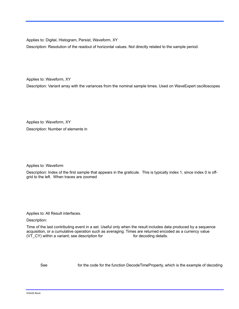 Horizontalunits, Horizontalvariancearray, Horizontalvariances | Indexoffirstsampleinframe, Lasteventtime, Overview | Teledyne LeCroy WaveExpert series Automation Manual User Manual | Page 51 / 285