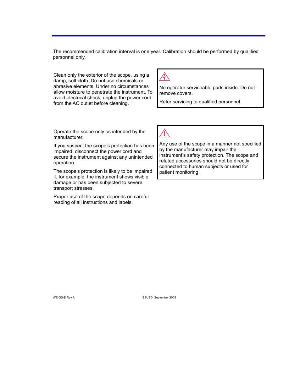 Calibration, Cleaning, Abnormal conditions | Waveexpert getting started guide | Teledyne LeCroy WaveExpert 9000_NRO9000_SDA100G Getting Started Manual User Manual | Page 13 / 50