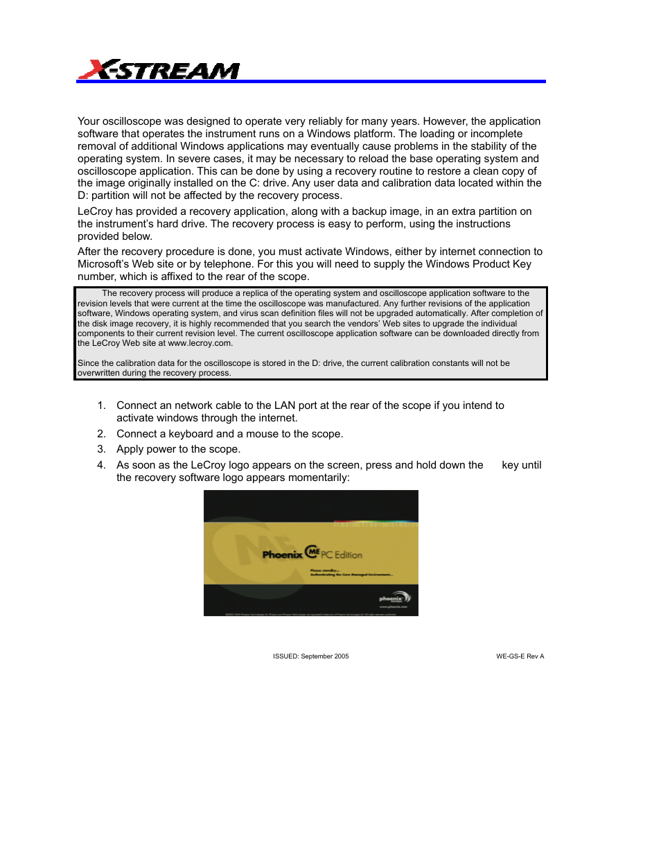 System recovery – windows xp scopes, Recovery procedure | Teledyne LeCroy WaveExpert 9000_NRO9000_SDA100G Getting Started Manual User Manual | Page 24 / 50