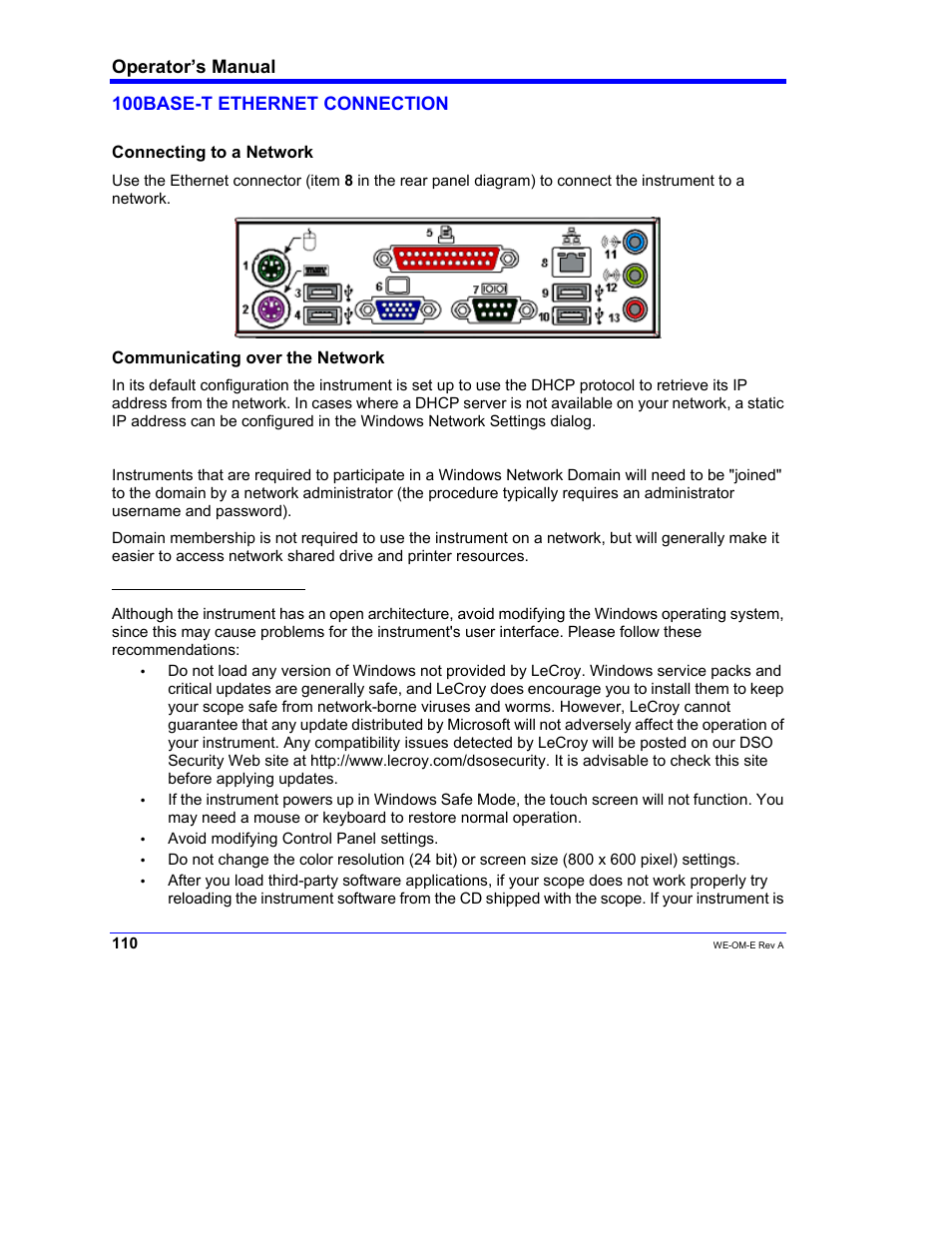 Operator’s manual, 100base-t ethernet connection | Teledyne LeCroy WaveExpert 100H Operators Manual User Manual | Page 112 / 348