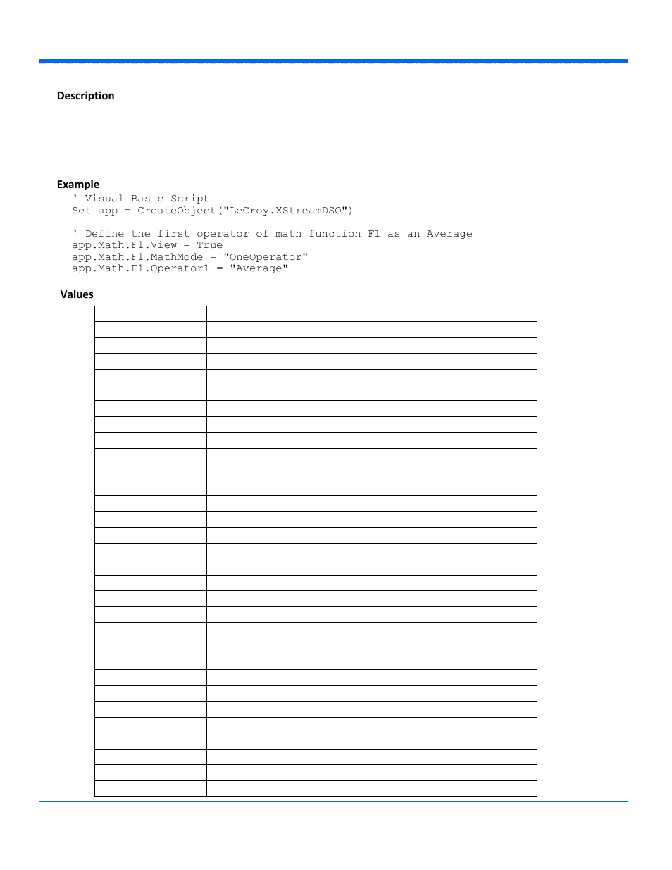 Operator1, Description, Example values | Teledyne LeCroy WaveRunner Automation Command User Manual | Page 136 / 460