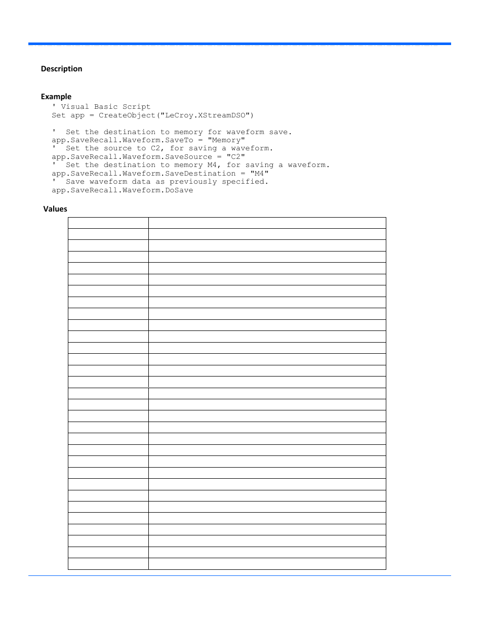 Savesource, Description, Example values | Teledyne LeCroy WaveRunner Automation Command User Manual | Page 191 / 460