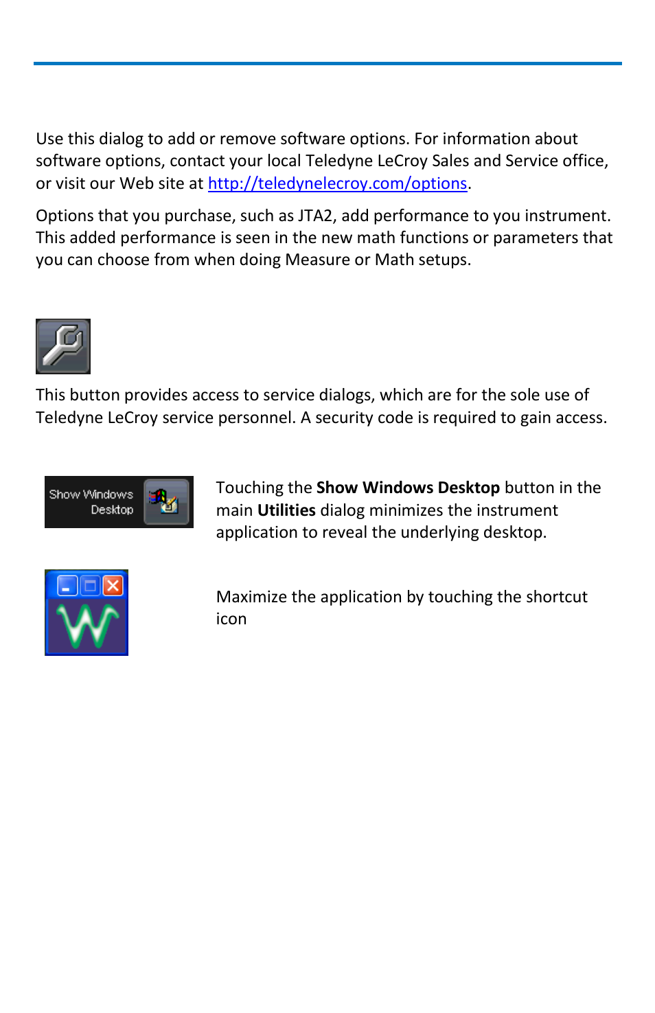 Options, Service, Show windows desktop | Teledyne LeCroy WaveRunner МXi-A Getting Started Manual User Manual | Page 100 / 128