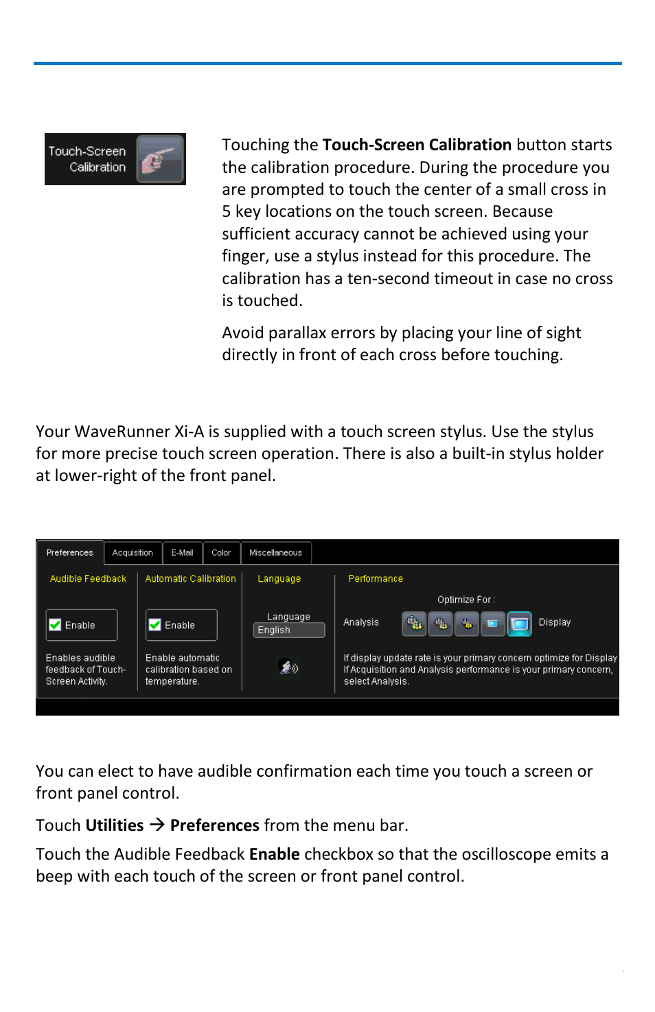 Touch-screen calibration, Preferences, Built-in stylus holder | Audible feedback | Teledyne LeCroy WaveRunner МXi-A Getting Started Manual User Manual | Page 101 / 128