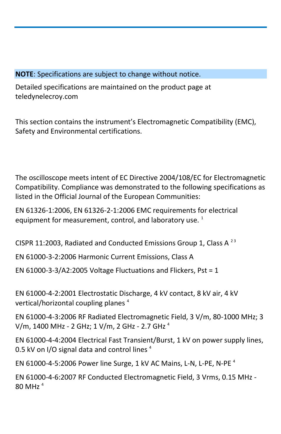 Reference, Specifications, Certifications | Waverunner xi-a and mxi-a oscilloscopes, Emc compliance | Teledyne LeCroy WaveRunner МXi-A Getting Started Manual User Manual | Page 112 / 128
