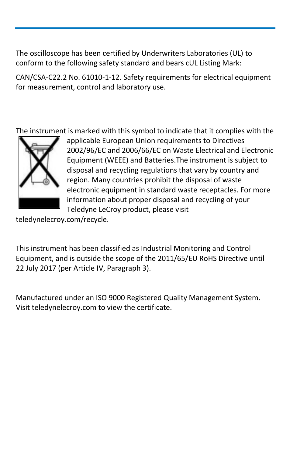 Iso certification, Getting started manual, Environmental compliance | Teledyne LeCroy WaveRunner МXi-A Getting Started Manual User Manual | Page 115 / 128