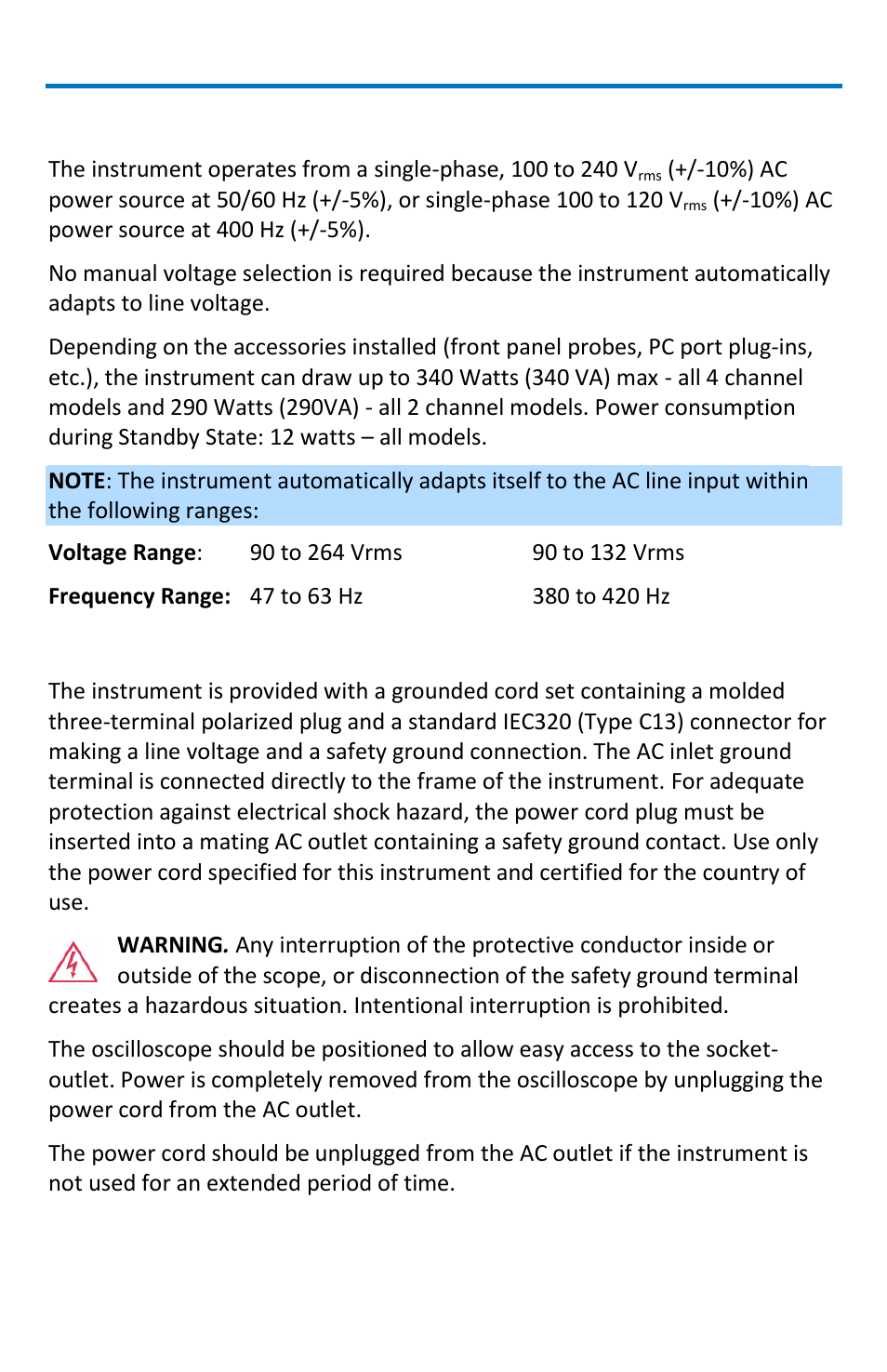 Power consumption, Power and ground connections | Teledyne LeCroy WaveRunner МXi-A Getting Started Manual User Manual | Page 12 / 128