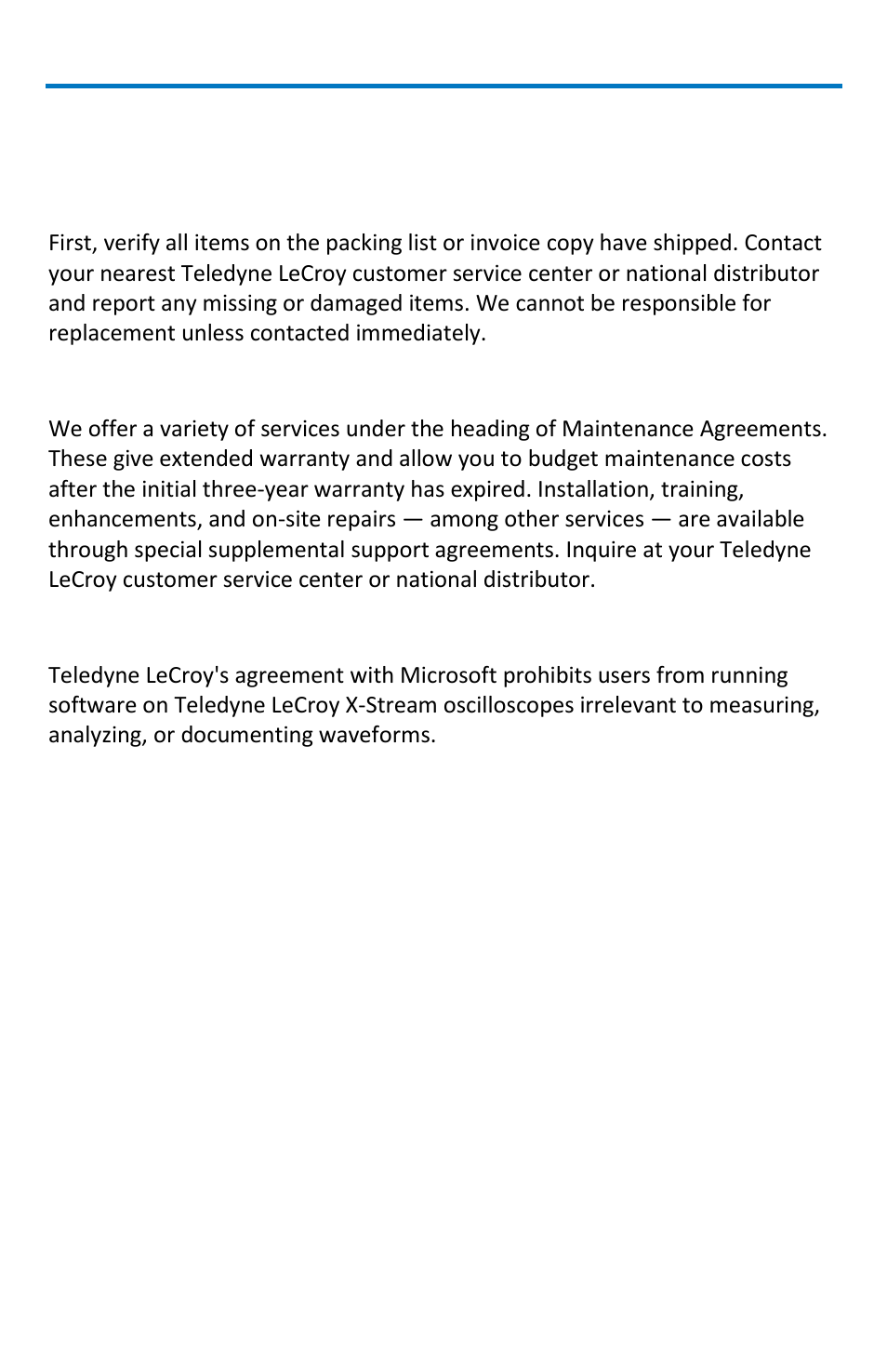 When your oscilloscope is delivered, Check that you have everything, Maintenance agreements | Windows license agreement | Teledyne LeCroy WaveRunner МXi-A Getting Started Manual User Manual | Page 14 / 128