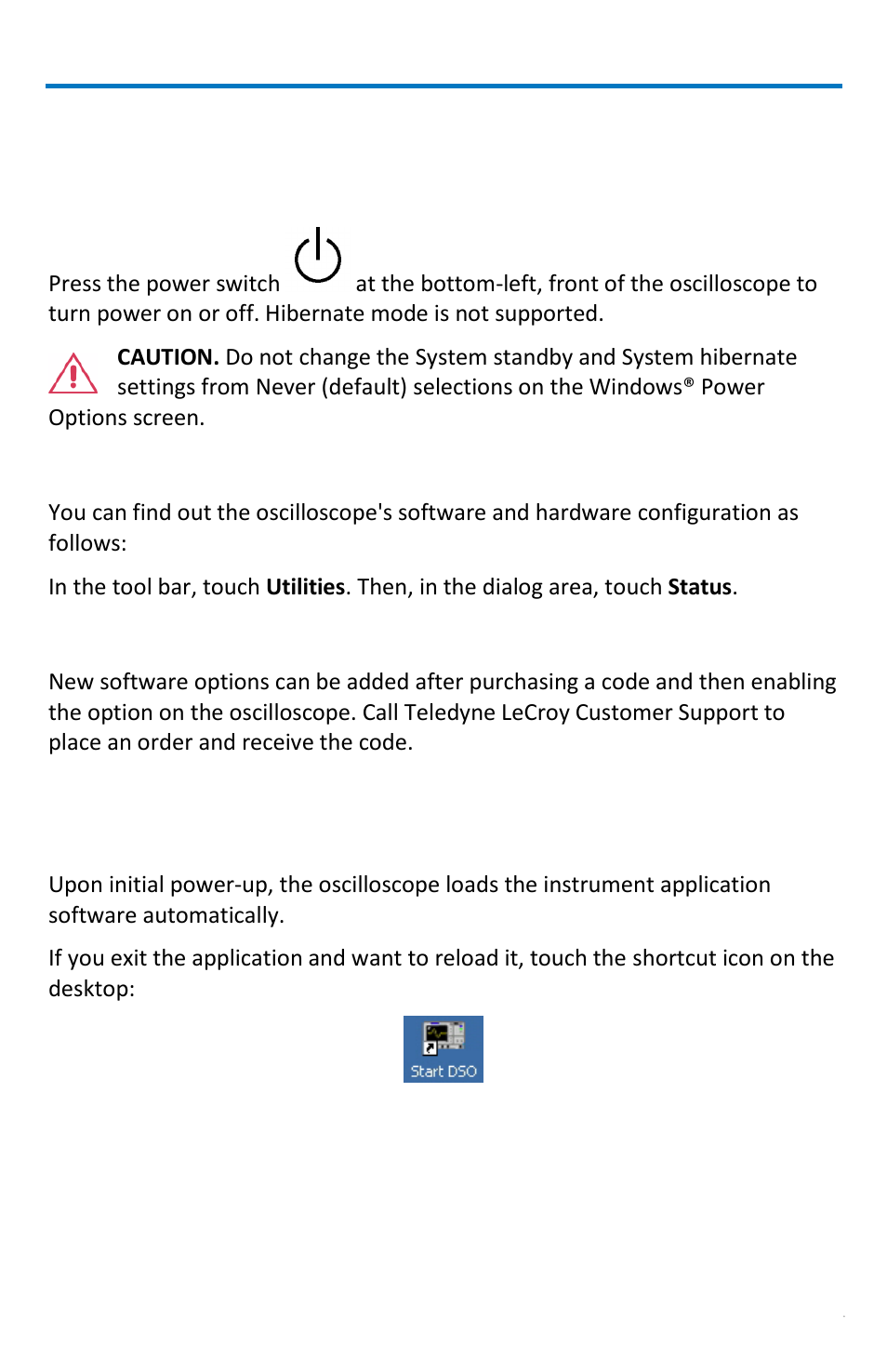 Power-up and installation, Power-up, Software | Adding a new option, Restoring software | Teledyne LeCroy WaveRunner МXi-A Getting Started Manual User Manual | Page 15 / 128