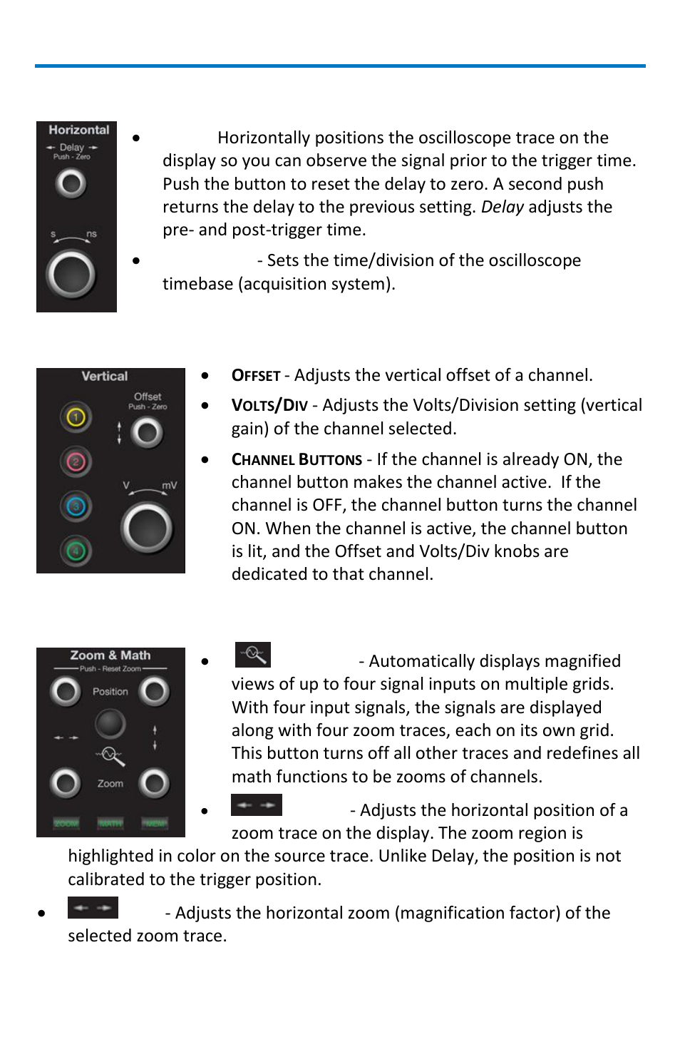 Horizontal controls, Vertical controls, Zoom control knobs | Waverunner xi-a and mxi-a oscilloscopes | Teledyne LeCroy WaveRunner МXi-A Getting Started Manual User Manual | Page 24 / 128