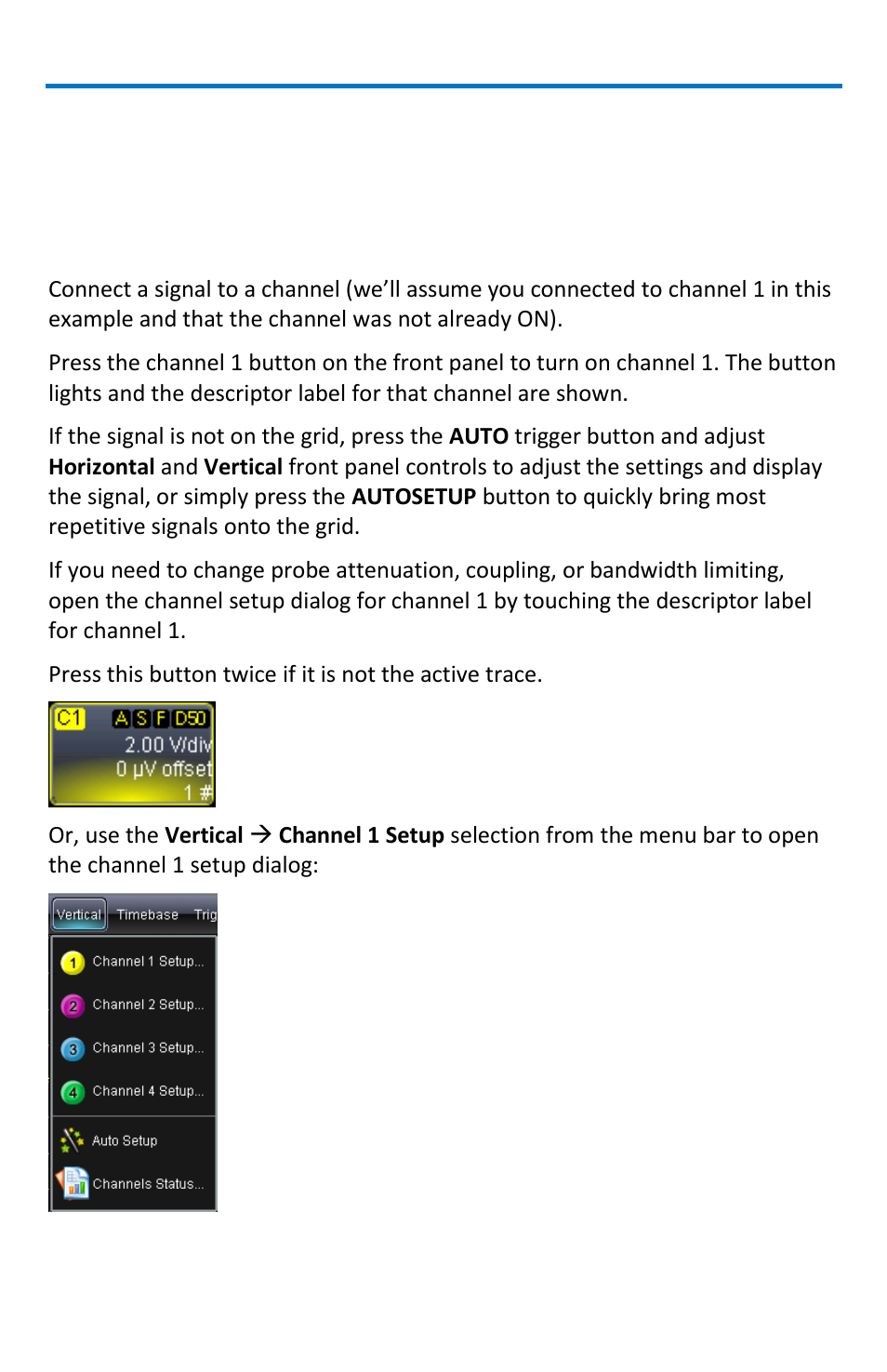 Displaying signals/traces - vertical setup, Turn on channels | Teledyne LeCroy WaveRunner МXi-A Getting Started Manual User Manual | Page 32 / 128