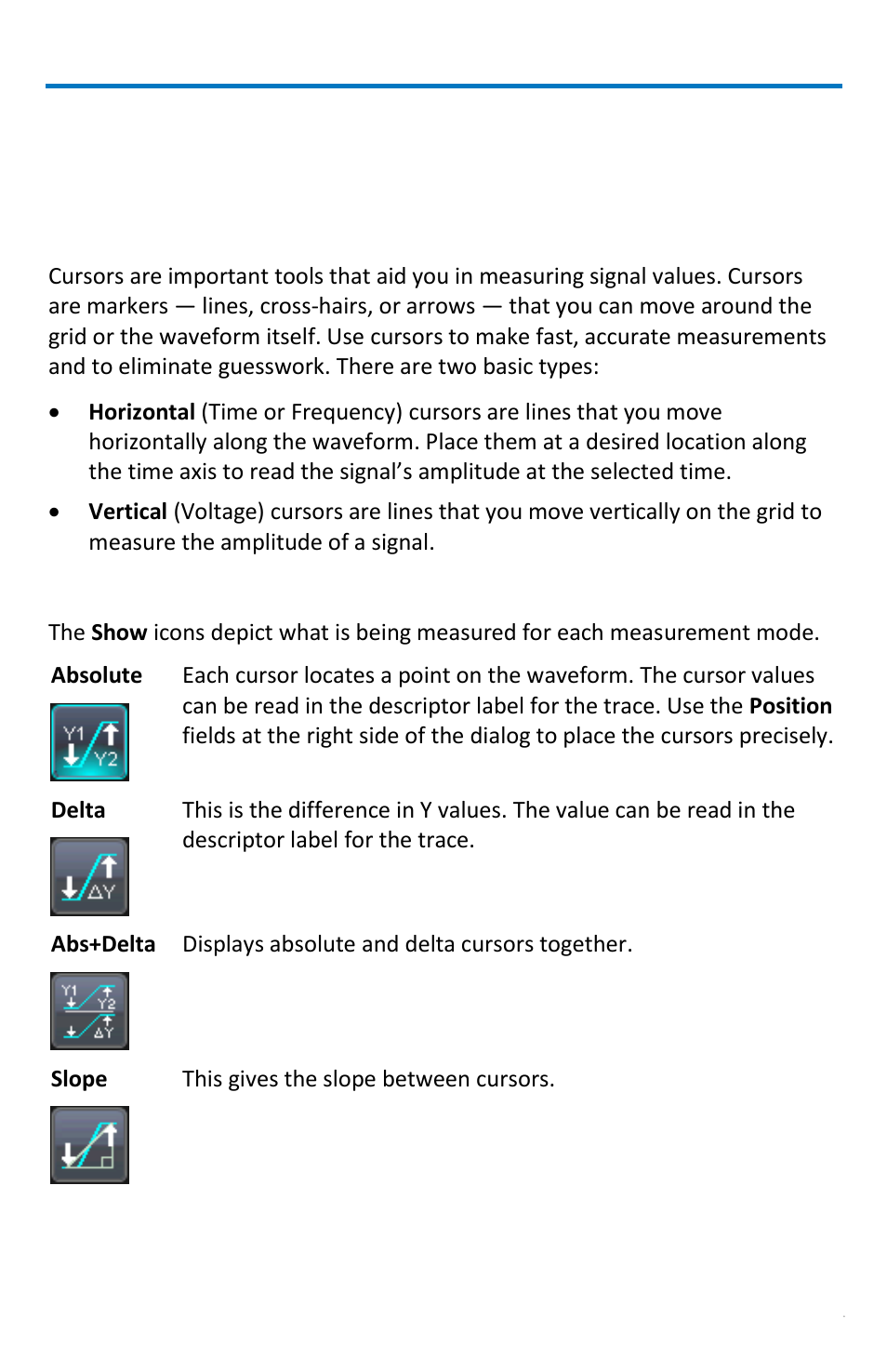 Waveform measurements, Measuring with cursors, Overview | Cursor measurement icons | Teledyne LeCroy WaveRunner МXi-A Getting Started Manual User Manual | Page 53 / 128