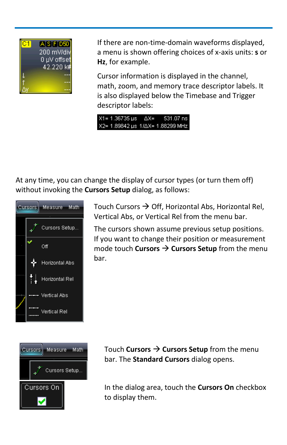 Cursors setup, Quick display, Full setup | Teledyne LeCroy WaveRunner МXi-A Getting Started Manual User Manual | Page 54 / 128