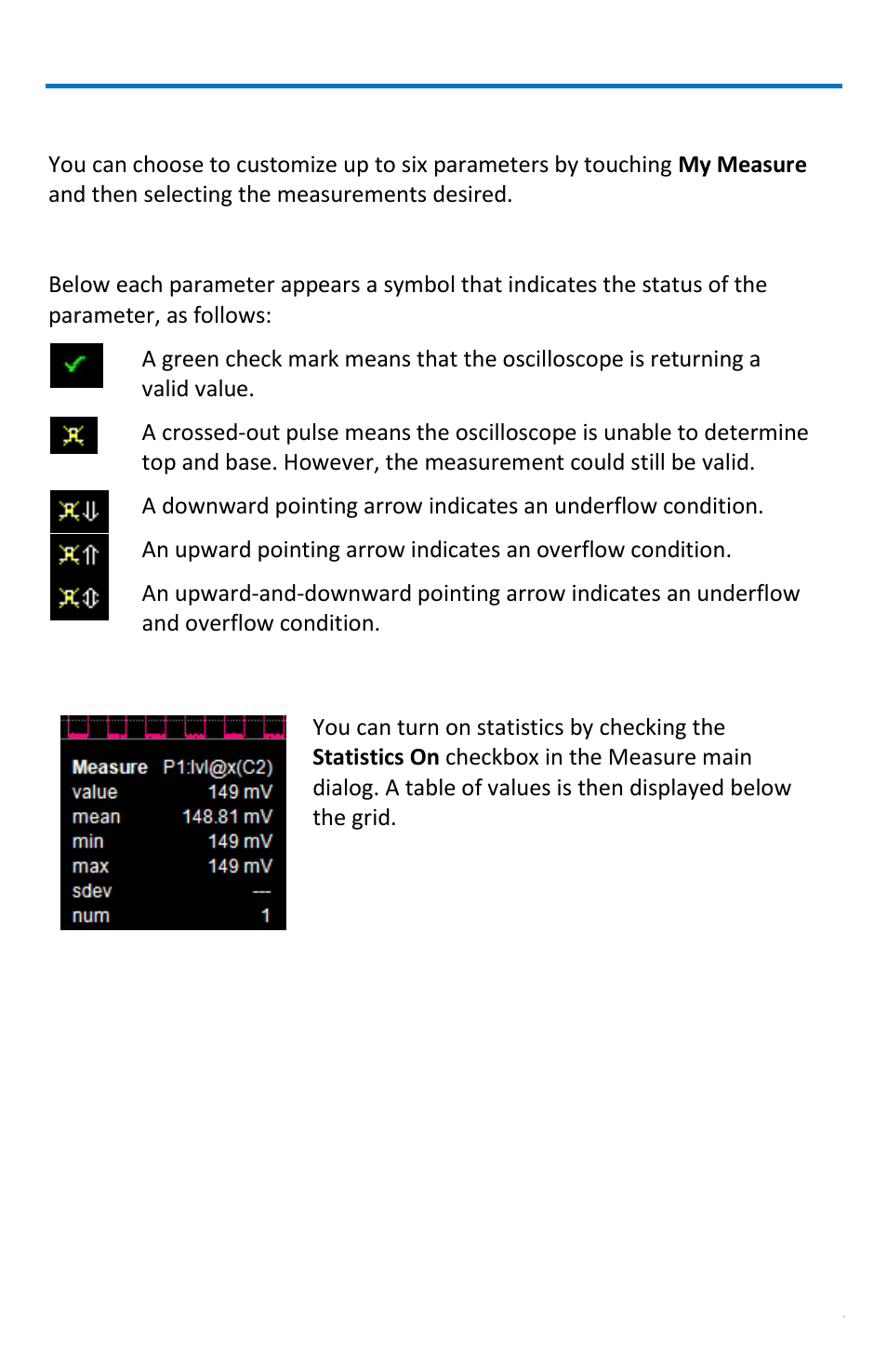 Custom measurements with my measure, Status symbols, Statistics | Teledyne LeCroy WaveRunner МXi-A Getting Started Manual User Manual | Page 57 / 128