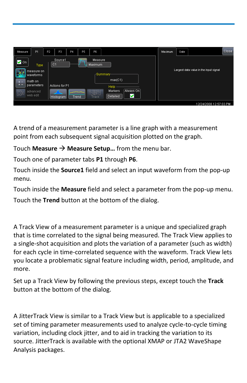 Parameter analysis, Trend measurements, Track view | Jittertrack view | Teledyne LeCroy WaveRunner МXi-A Getting Started Manual User Manual | Page 60 / 128