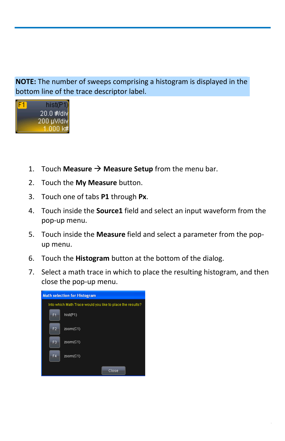 Histograms, Creating and viewing a histogram, Single parameter histogram setup | Teledyne LeCroy WaveRunner МXi-A Getting Started Manual User Manual | Page 61 / 128