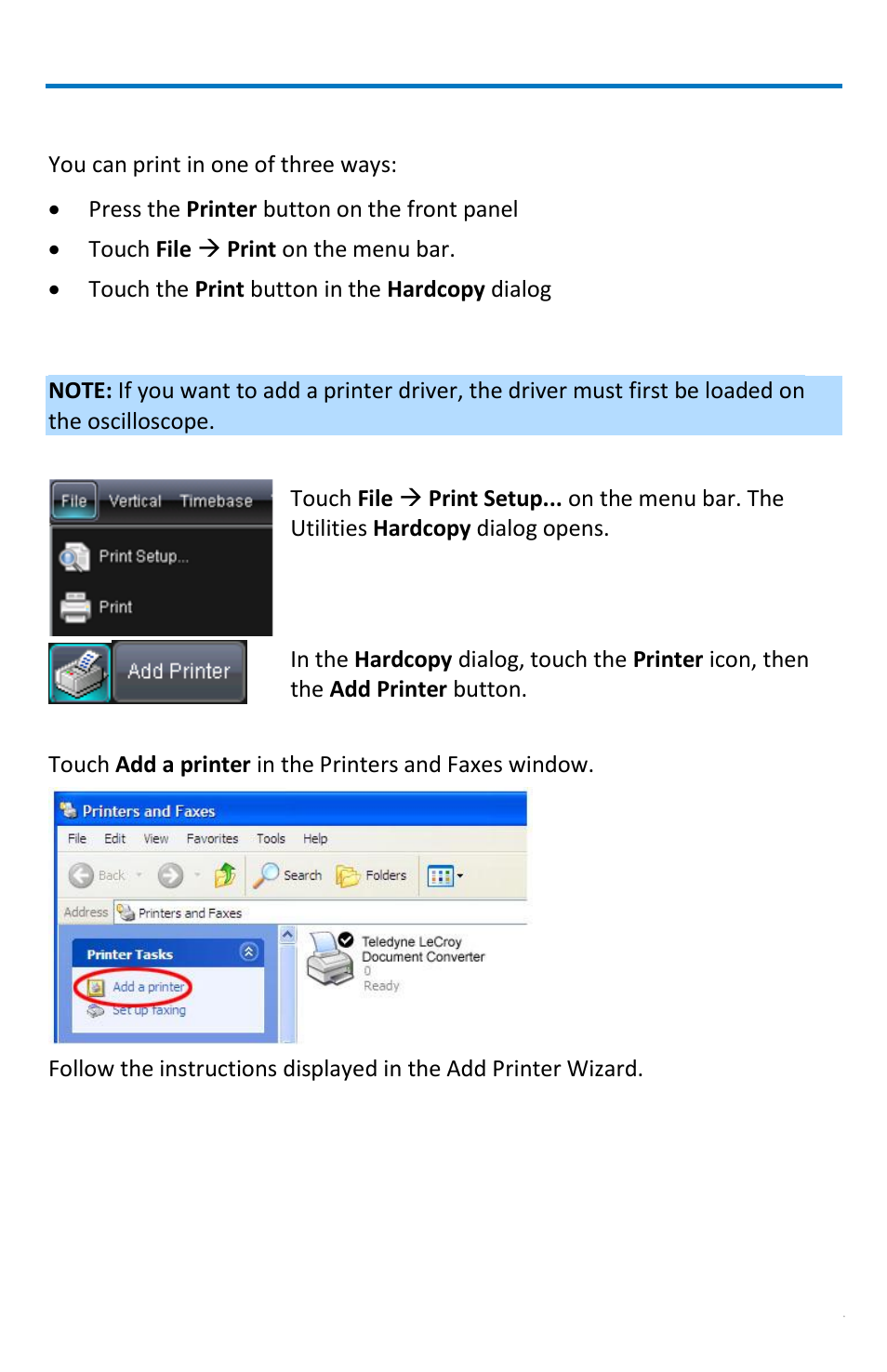 Printing, Adding printers and drivers | Teledyne LeCroy WaveRunner МXi-A Getting Started Manual User Manual | Page 79 / 128