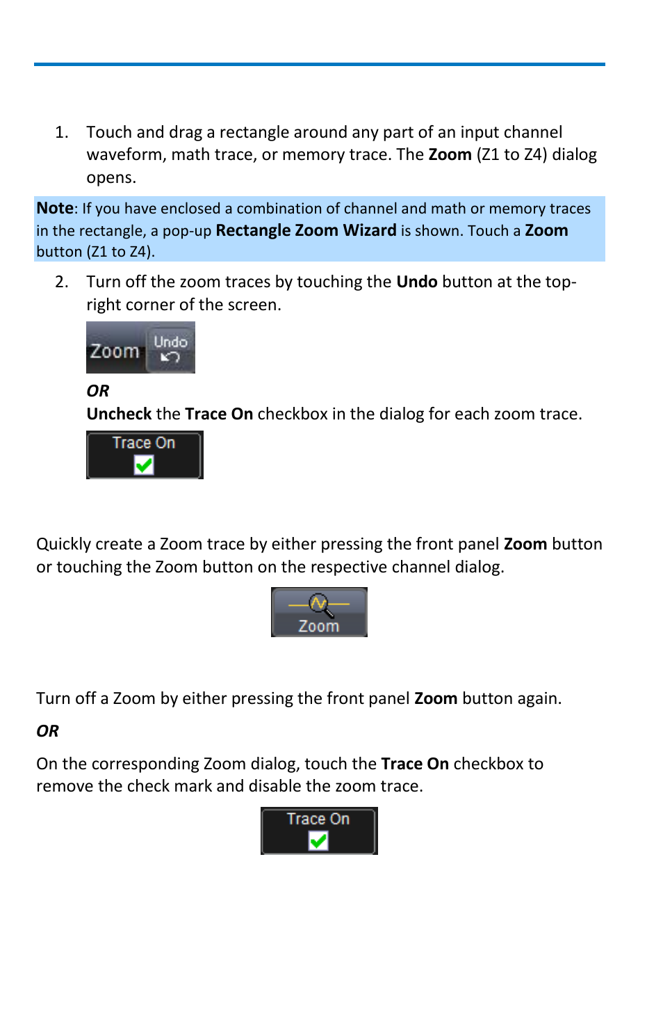 Touch-and-drag zooming, Quickly zooming waveforms, Turning off zoom | Teledyne LeCroy WaveRunner 6 Zi and 12-Bit HRO Getting Started Manual User Manual | Page 102 / 198