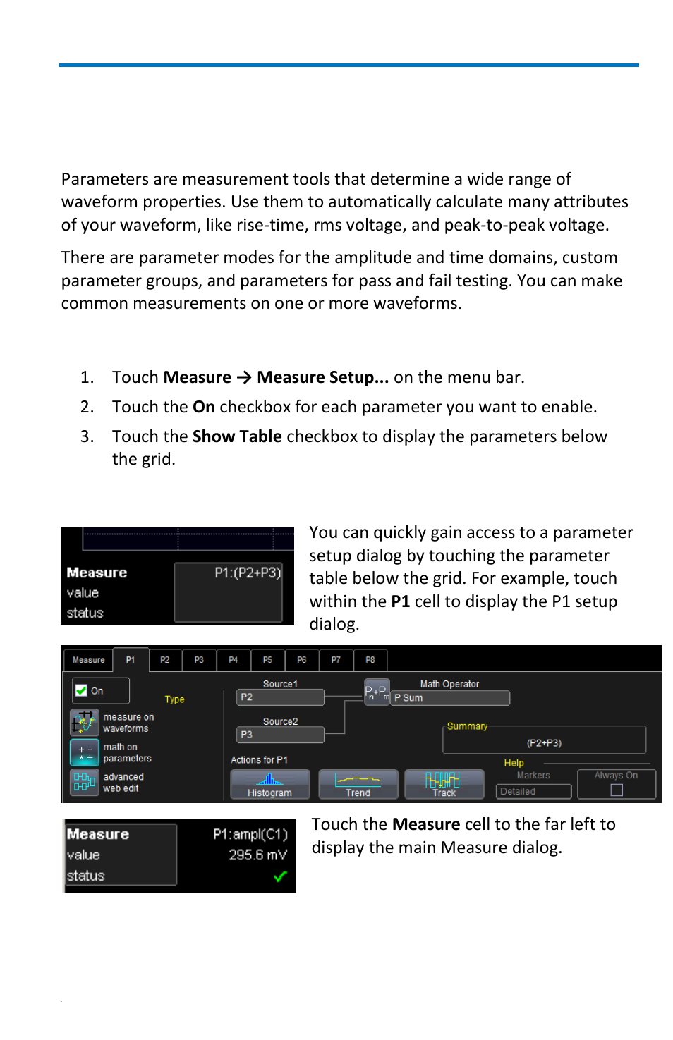 Measurement parameters, Overview, Turning on parameters | Quick access to parameter setup dialogs | Teledyne LeCroy WaveRunner 6 Zi and 12-Bit HRO Getting Started Manual User Manual | Page 107 / 198