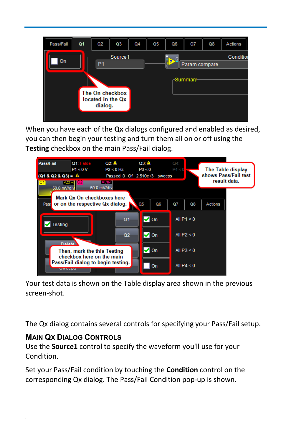 Pass/fail setup on qx dialogs, Getting started manual | Teledyne LeCroy WaveRunner 6 Zi and 12-Bit HRO Getting Started Manual User Manual | Page 123 / 198