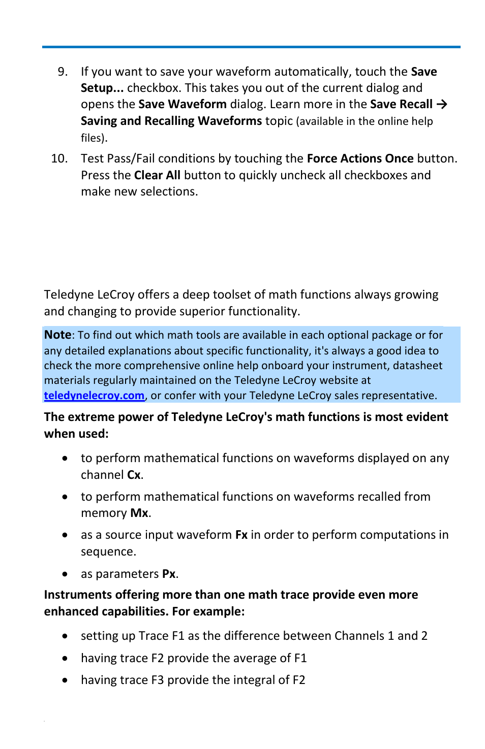 Math, Math traces and functions overview | Teledyne LeCroy WaveRunner 6 Zi and 12-Bit HRO Getting Started Manual User Manual | Page 129 / 198