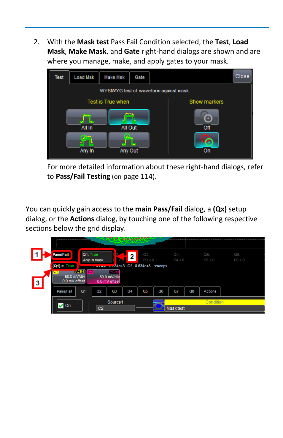 Quick access to pass/fail setup dialogs, Getting started manual | Teledyne LeCroy WaveRunner 6 Zi and 12-Bit HRO Getting Started Manual User Manual | Page 133 / 198