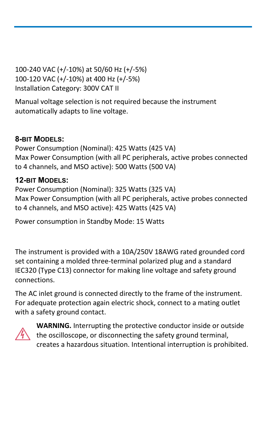 Power, Ac power source, Power consumption | Power and ground connections | Teledyne LeCroy WaveRunner 6 Zi and 12-Bit HRO Getting Started Manual User Manual | Page 14 / 198