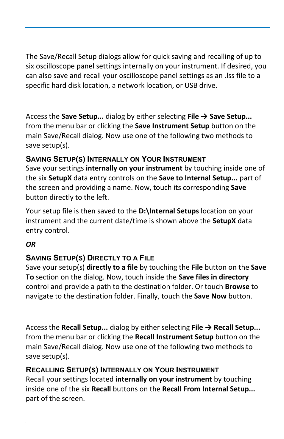 Saving and recalling setups, Saving oscilloscope setup(s), Recalling oscilloscope setup(s) | Getting started manual | Teledyne LeCroy WaveRunner 6 Zi and 12-Bit HRO Getting Started Manual User Manual | Page 145 / 198