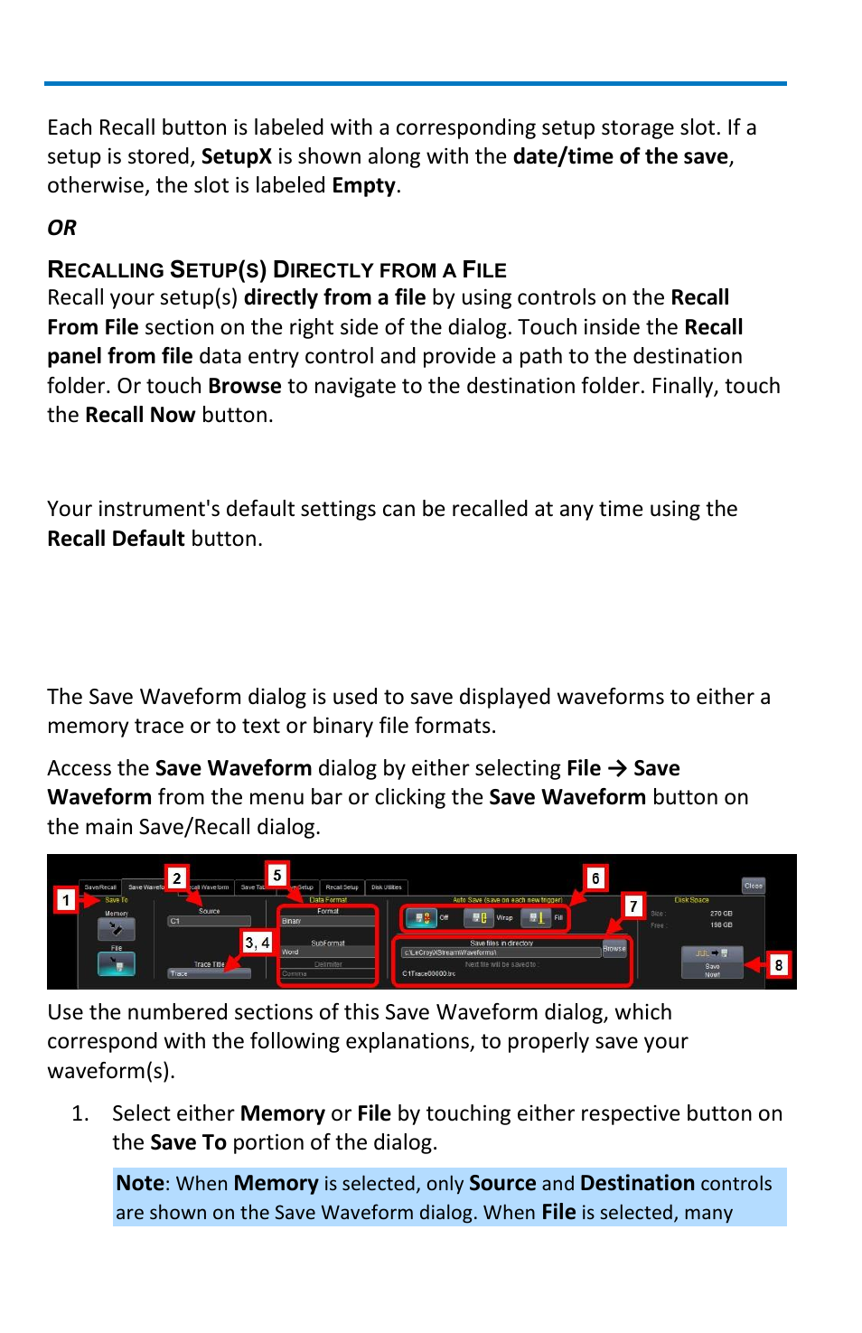Saving and recalling waveforms, Recalling default settings, Saving waveforms | Teledyne LeCroy WaveRunner 6 Zi and 12-Bit HRO Getting Started Manual User Manual | Page 146 / 198