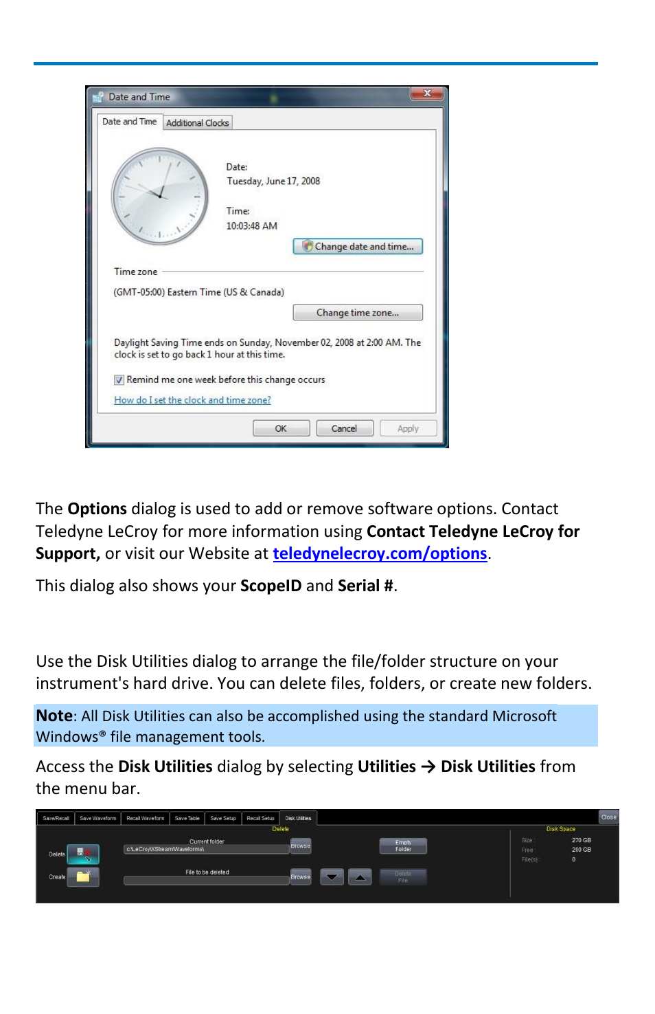 Disk utilities, Options | Teledyne LeCroy WaveRunner 6 Zi and 12-Bit HRO Getting Started Manual User Manual | Page 164 / 198