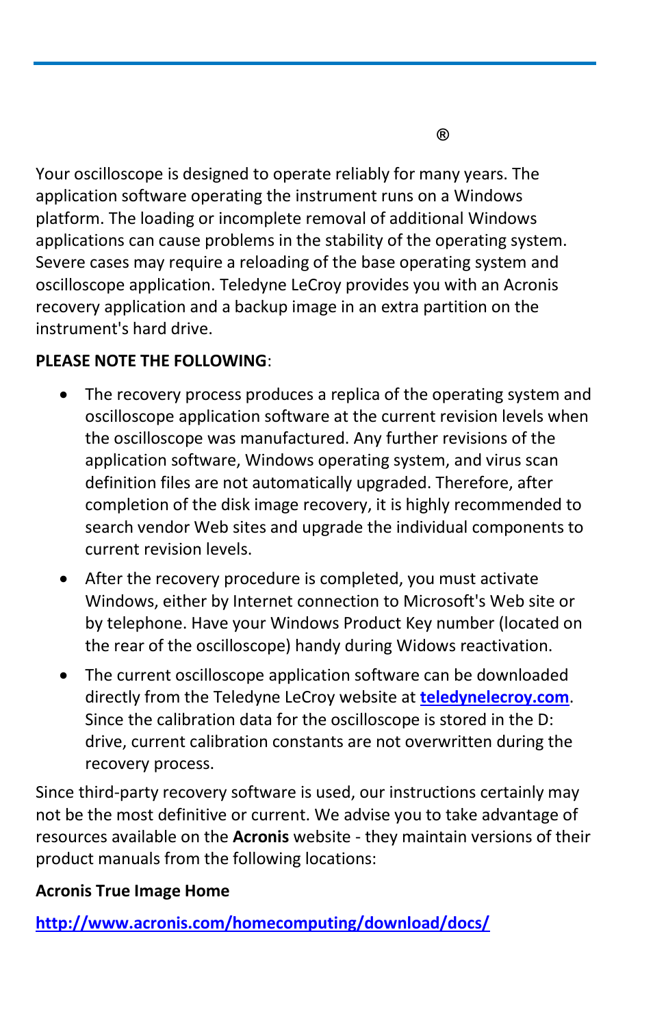 System recovery tool, Restoring software using acronis | Teledyne LeCroy WaveRunner 6 Zi and 12-Bit HRO Getting Started Manual User Manual | Page 172 / 198