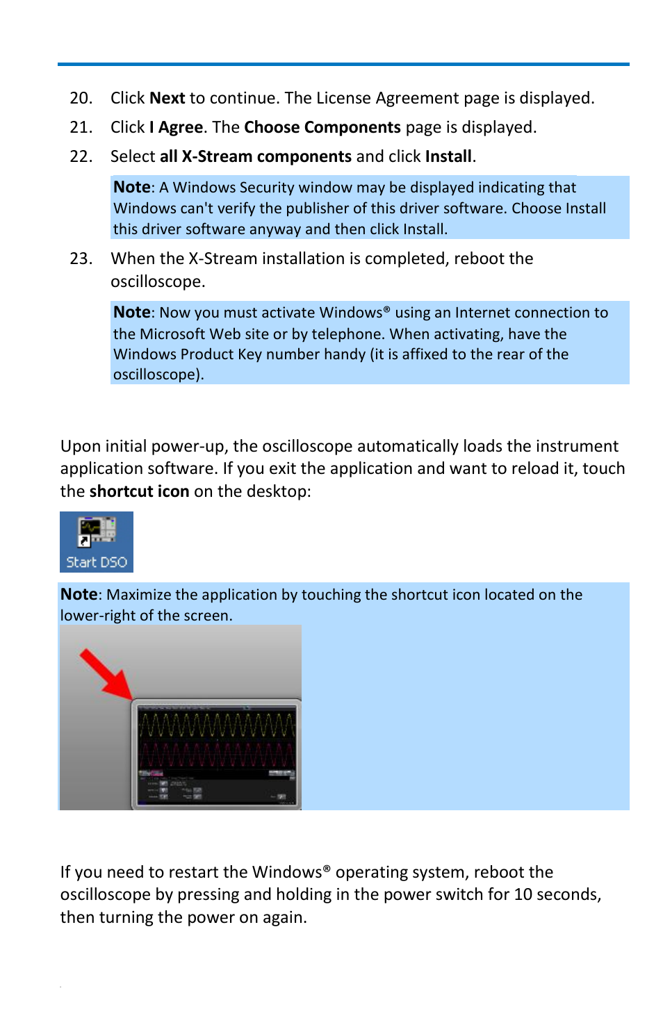 Restarting the application, Restarting the operating system, Getting started manual | Teledyne LeCroy WaveRunner 6 Zi and 12-Bit HRO Getting Started Manual User Manual | Page 175 / 198