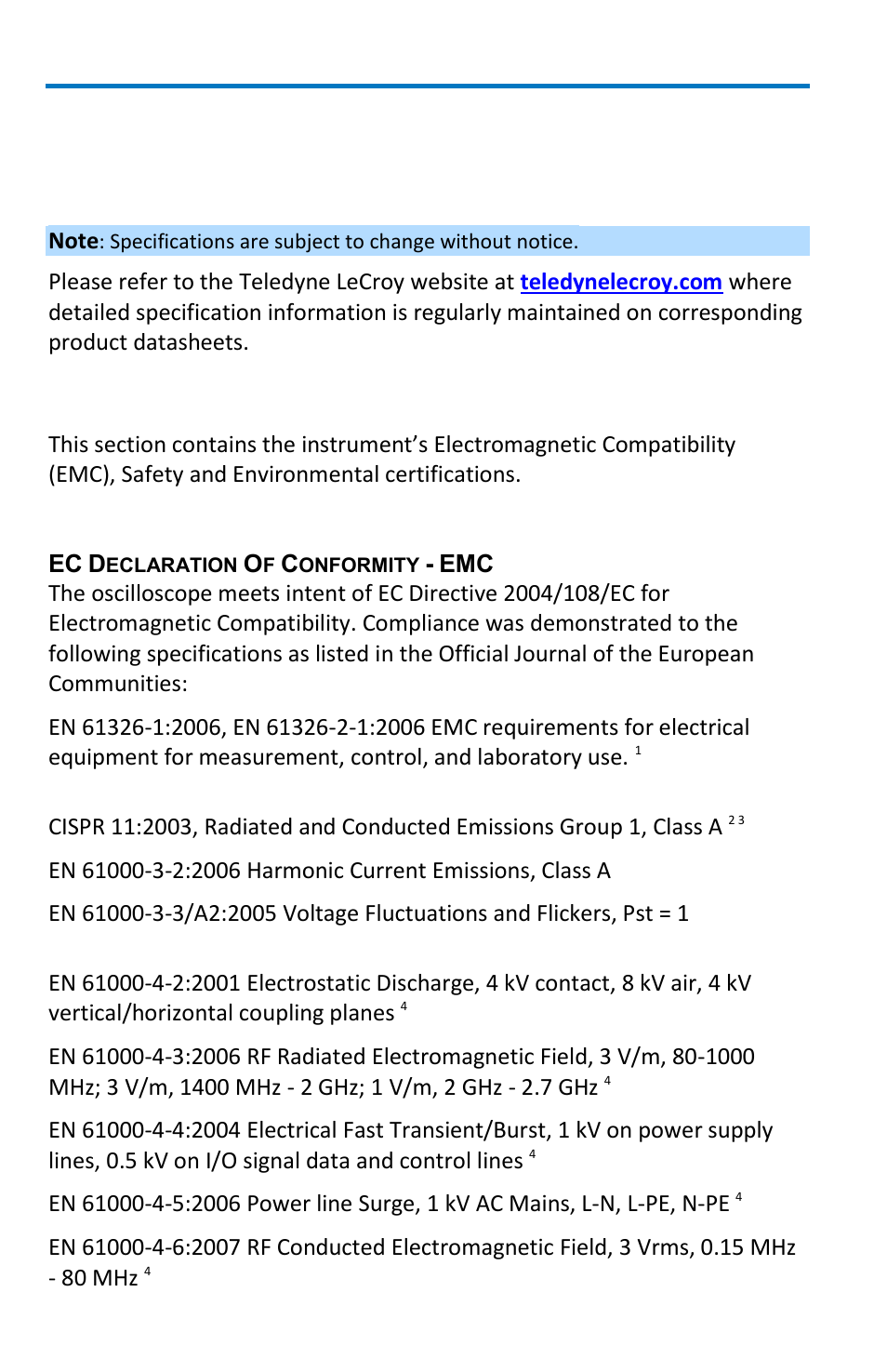 Reference, Specifications, Certifications | Emc compliance, Waverunner 6 zi and 12-bit hro | Teledyne LeCroy WaveRunner 6 Zi and 12-Bit HRO Getting Started Manual User Manual | Page 176 / 198