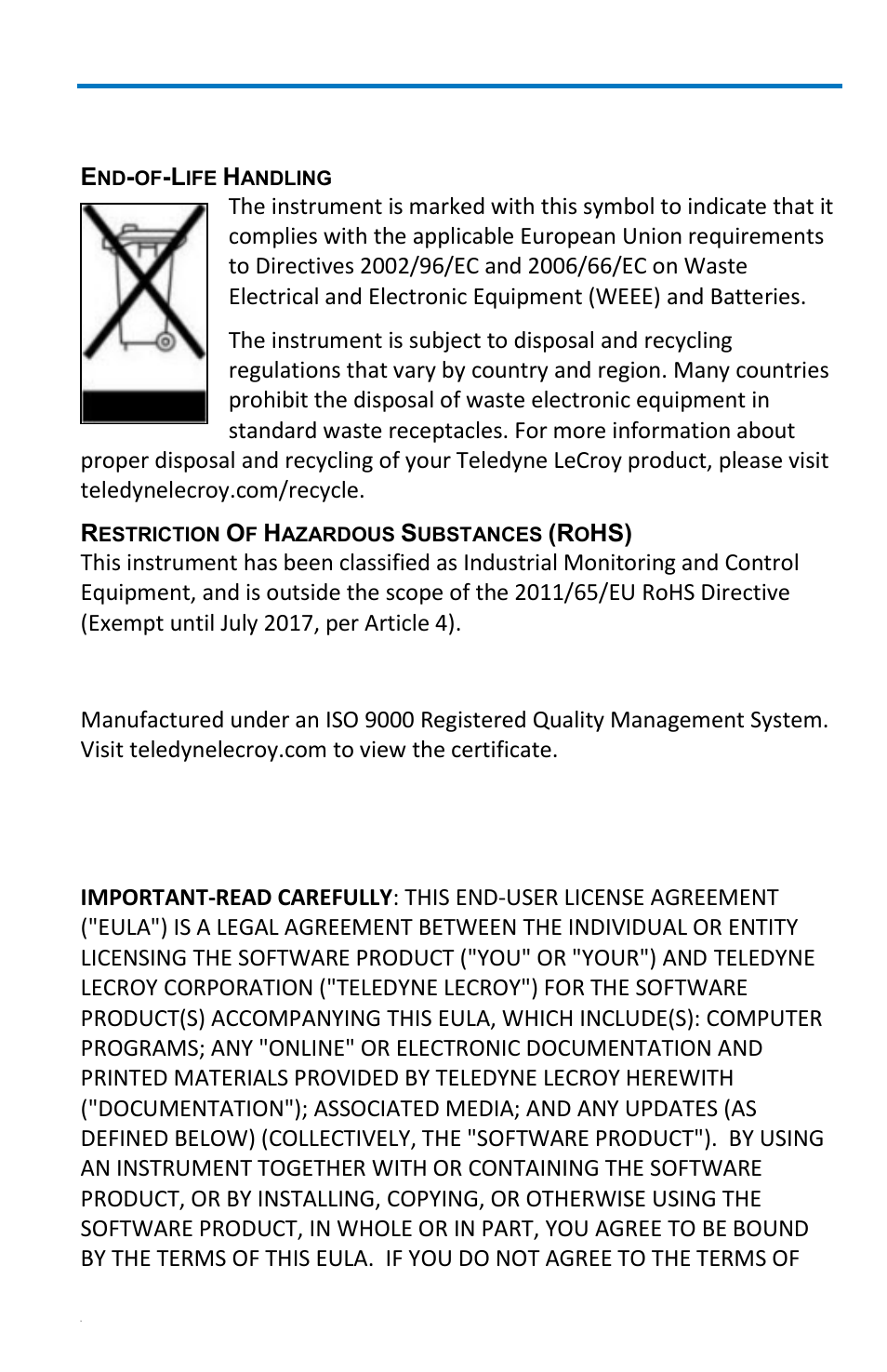 End-user license agreement for teledyne lecroy, X-stream software, Environmental compliance | Iso certification, Getting started manual | Teledyne LeCroy WaveRunner 6 Zi and 12-Bit HRO Getting Started Manual User Manual | Page 179 / 198