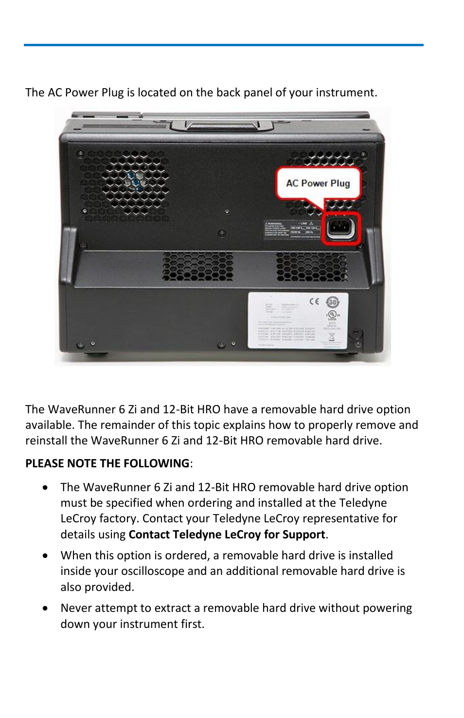 The back of your oscilloscope, Removable hard drive option | Teledyne LeCroy WaveRunner 6 Zi and 12-Bit HRO Getting Started Manual User Manual | Page 22 / 198