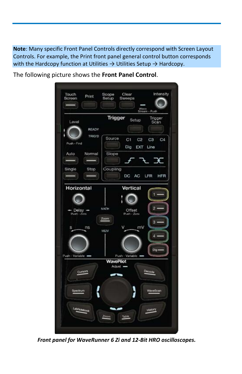 Front panel controls | Teledyne LeCroy WaveRunner 6 Zi and 12-Bit HRO Getting Started Manual User Manual | Page 26 / 198