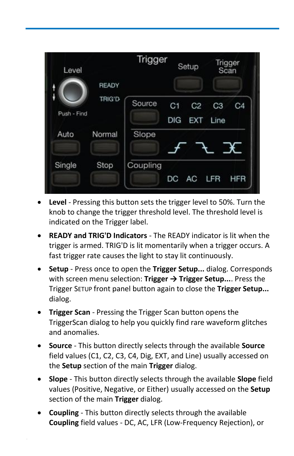 Trigger front panel controls | Teledyne LeCroy WaveRunner 6 Zi and 12-Bit HRO Getting Started Manual User Manual | Page 29 / 198