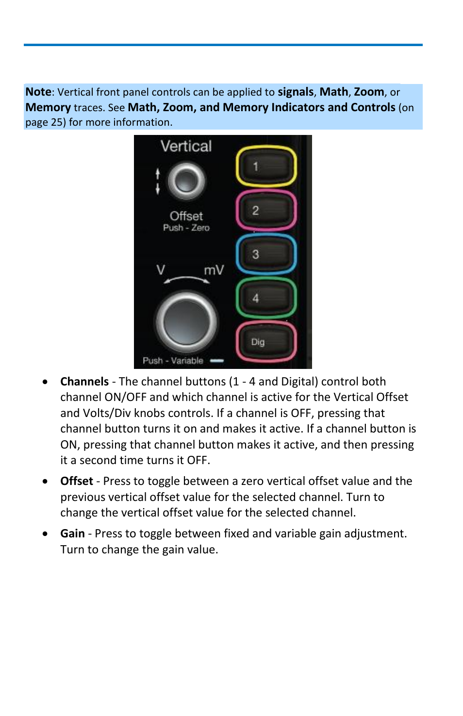 Vertical front panel controls | Teledyne LeCroy WaveRunner 6 Zi and 12-Bit HRO Getting Started Manual User Manual | Page 32 / 198