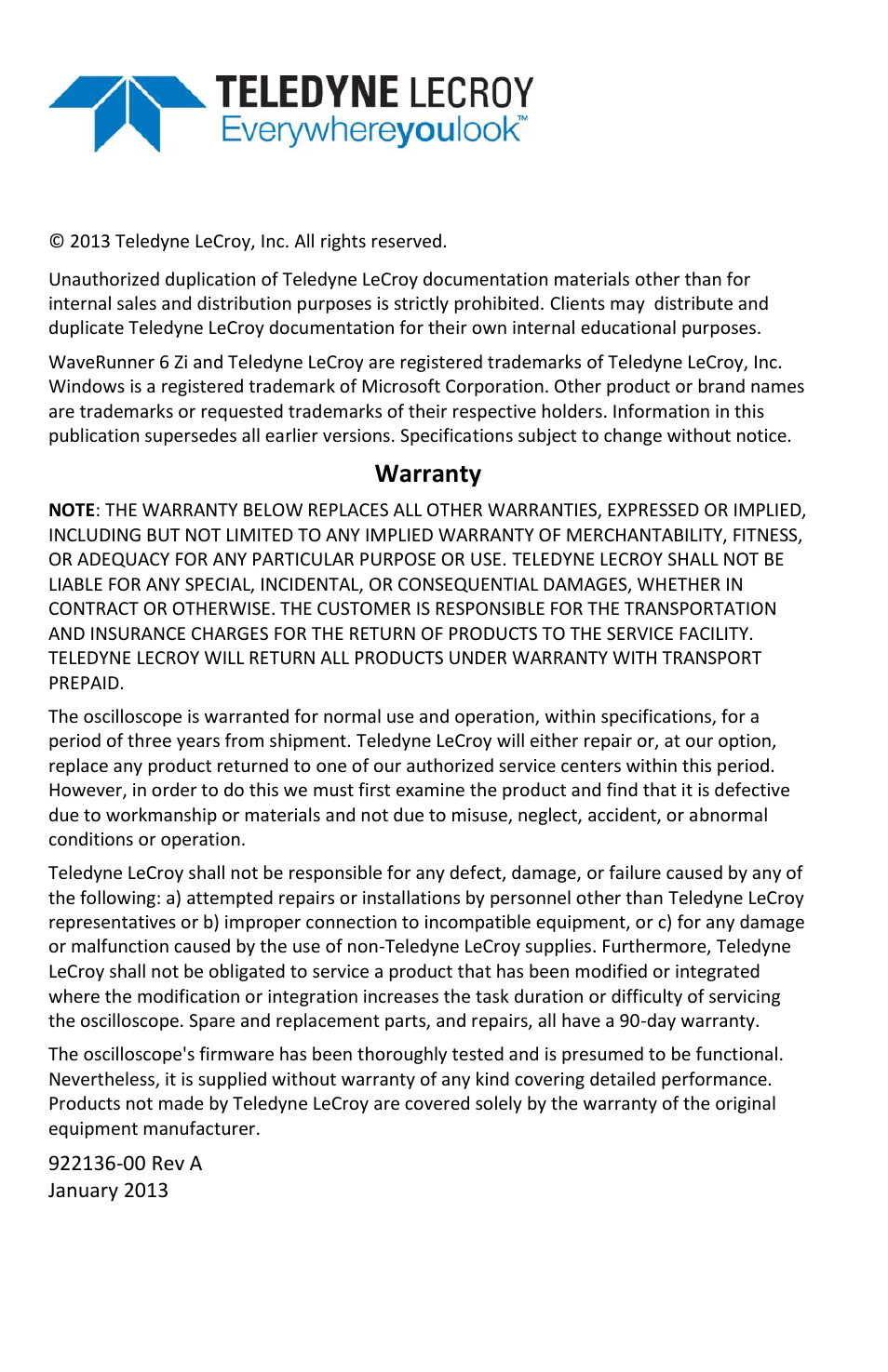 Warranty | Teledyne LeCroy WaveRunner 6 Zi and 12-Bit HRO Getting Started Manual User Manual | Page 4 / 198
