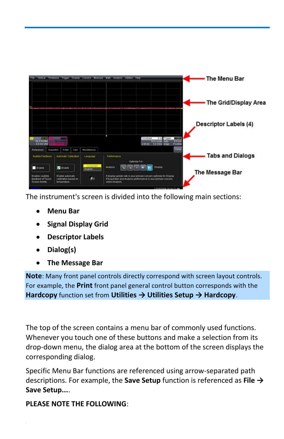 Display dashboard, Screen layout, groupings, and controls, Menu bar | Teledyne LeCroy WaveRunner 6 Zi and 12-Bit HRO Getting Started Manual User Manual | Page 43 / 198