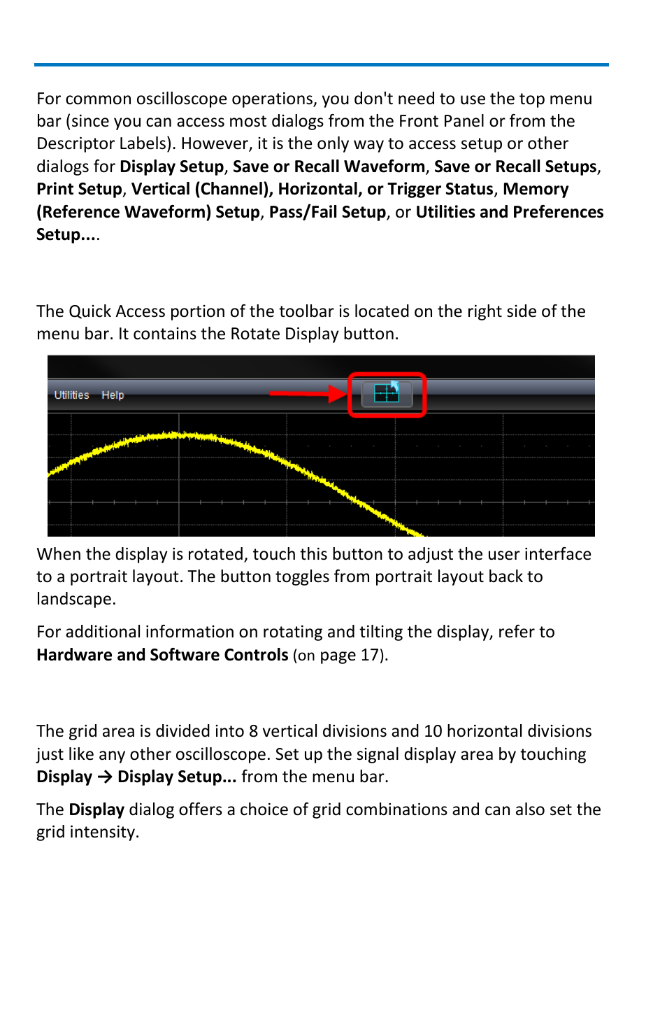 The quick access toolbar, The signal display grid | Teledyne LeCroy WaveRunner 6 Zi and 12-Bit HRO Getting Started Manual User Manual | Page 44 / 198