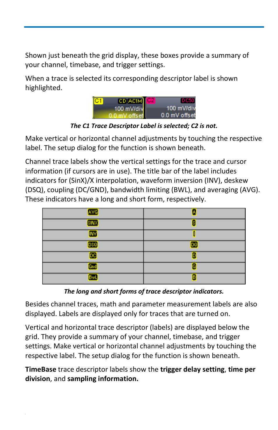 Trace descriptor labels, Getting started manual | Teledyne LeCroy WaveRunner 6 Zi and 12-Bit HRO Getting Started Manual User Manual | Page 47 / 198