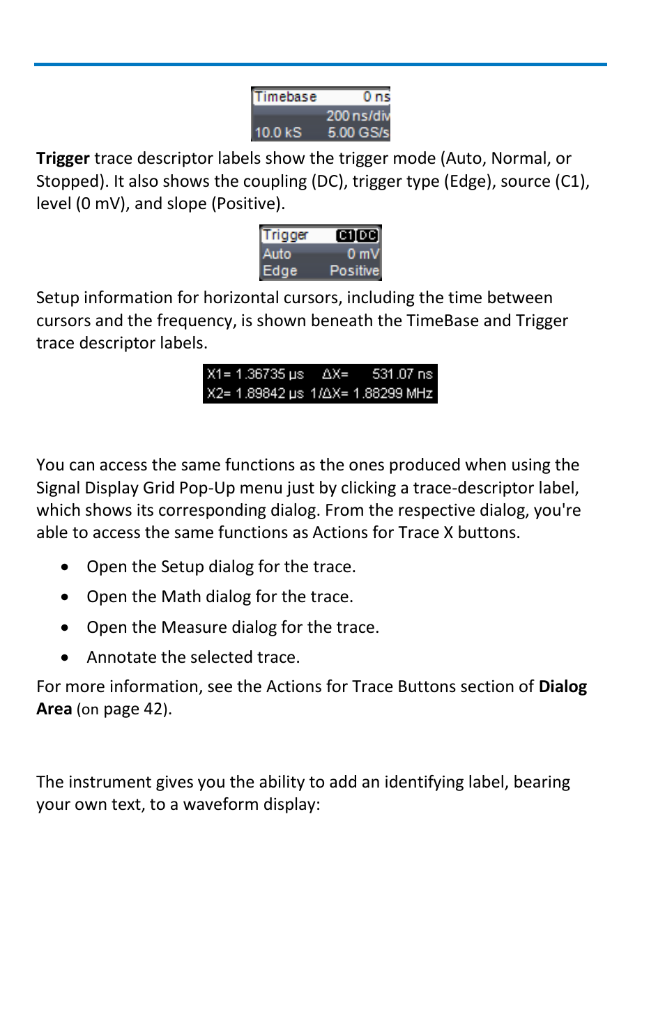 Actions for trace buttons, Annotating traces | Teledyne LeCroy WaveRunner 6 Zi and 12-Bit HRO Getting Started Manual User Manual | Page 48 / 198
