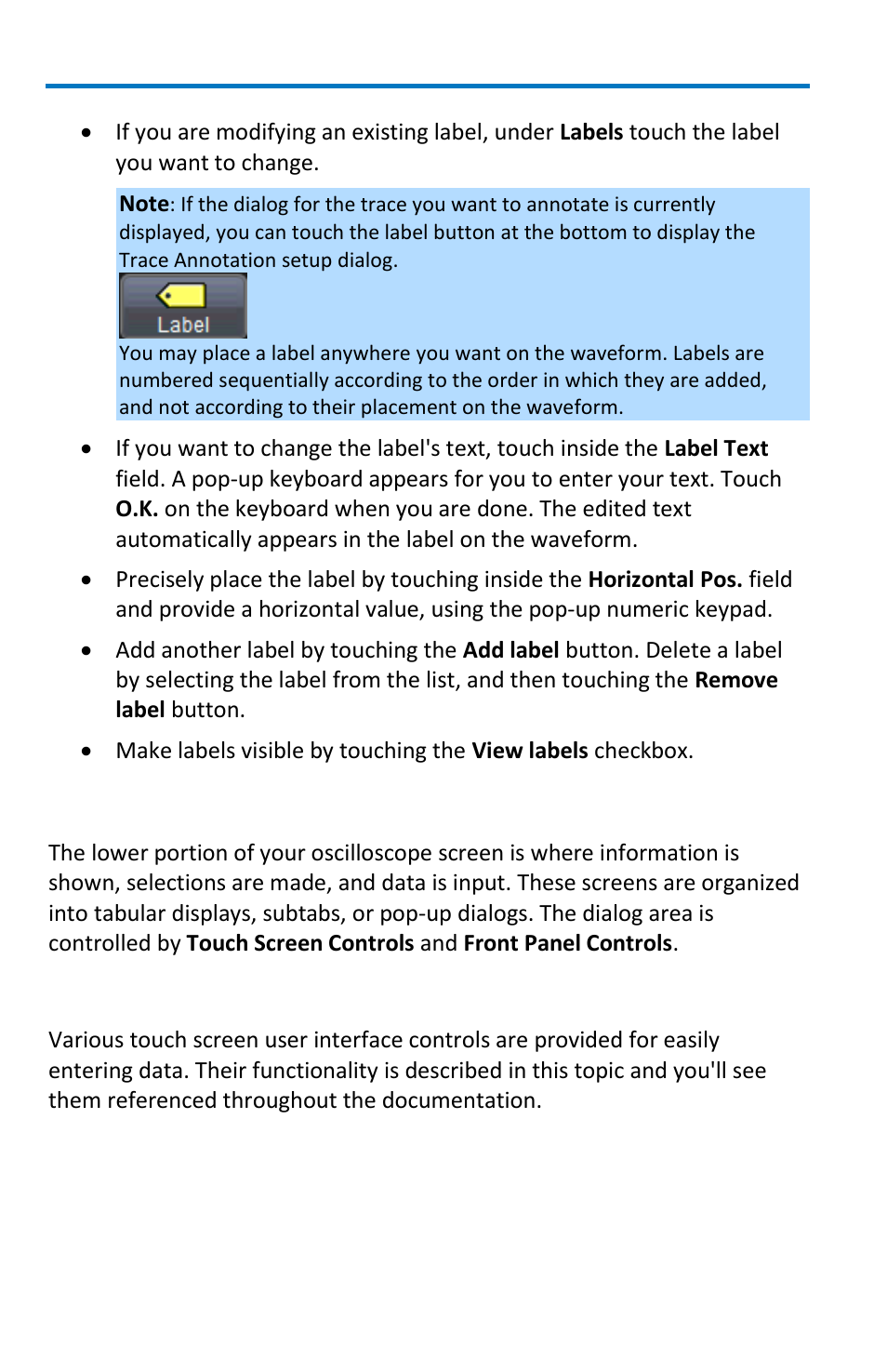 Dialog area, Touch screen controls | Teledyne LeCroy WaveRunner 6 Zi and 12-Bit HRO Getting Started Manual User Manual | Page 50 / 198