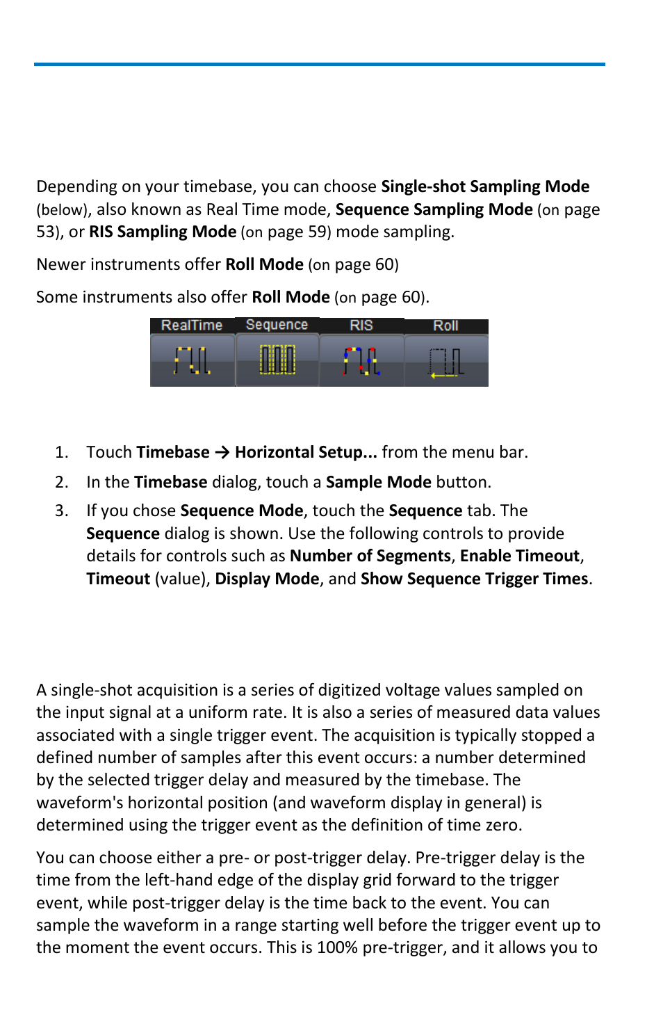 Sampling modes, Overview, Selecting a sampling mode | Single-shot sampling mode, Basic capture technique | Teledyne LeCroy WaveRunner 6 Zi and 12-Bit HRO Getting Started Manual User Manual | Page 60 / 198