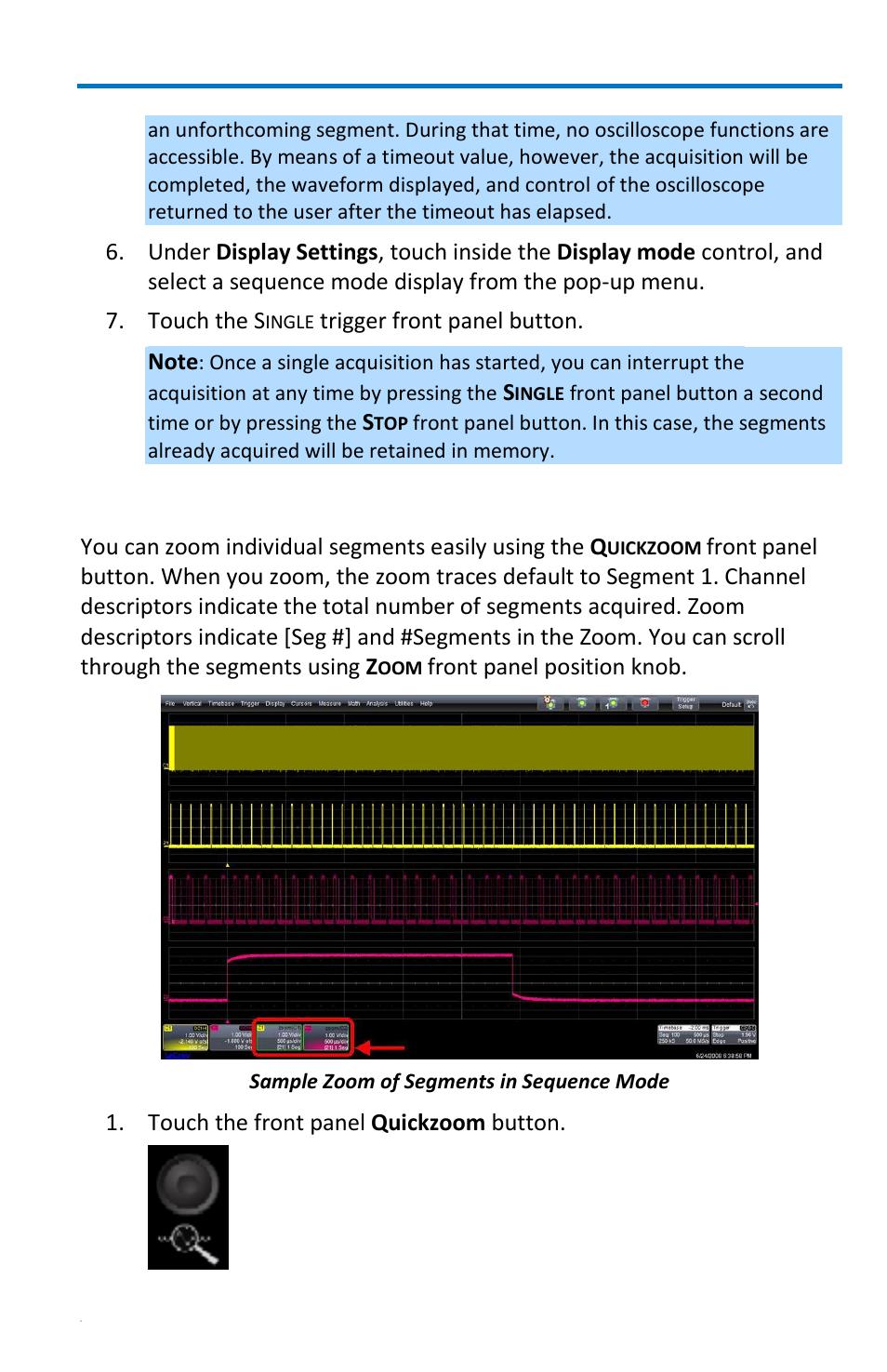 Zooming segments in sequence mode, Getting started manual | Teledyne LeCroy WaveRunner 6 Zi and 12-Bit HRO Getting Started Manual User Manual | Page 65 / 198