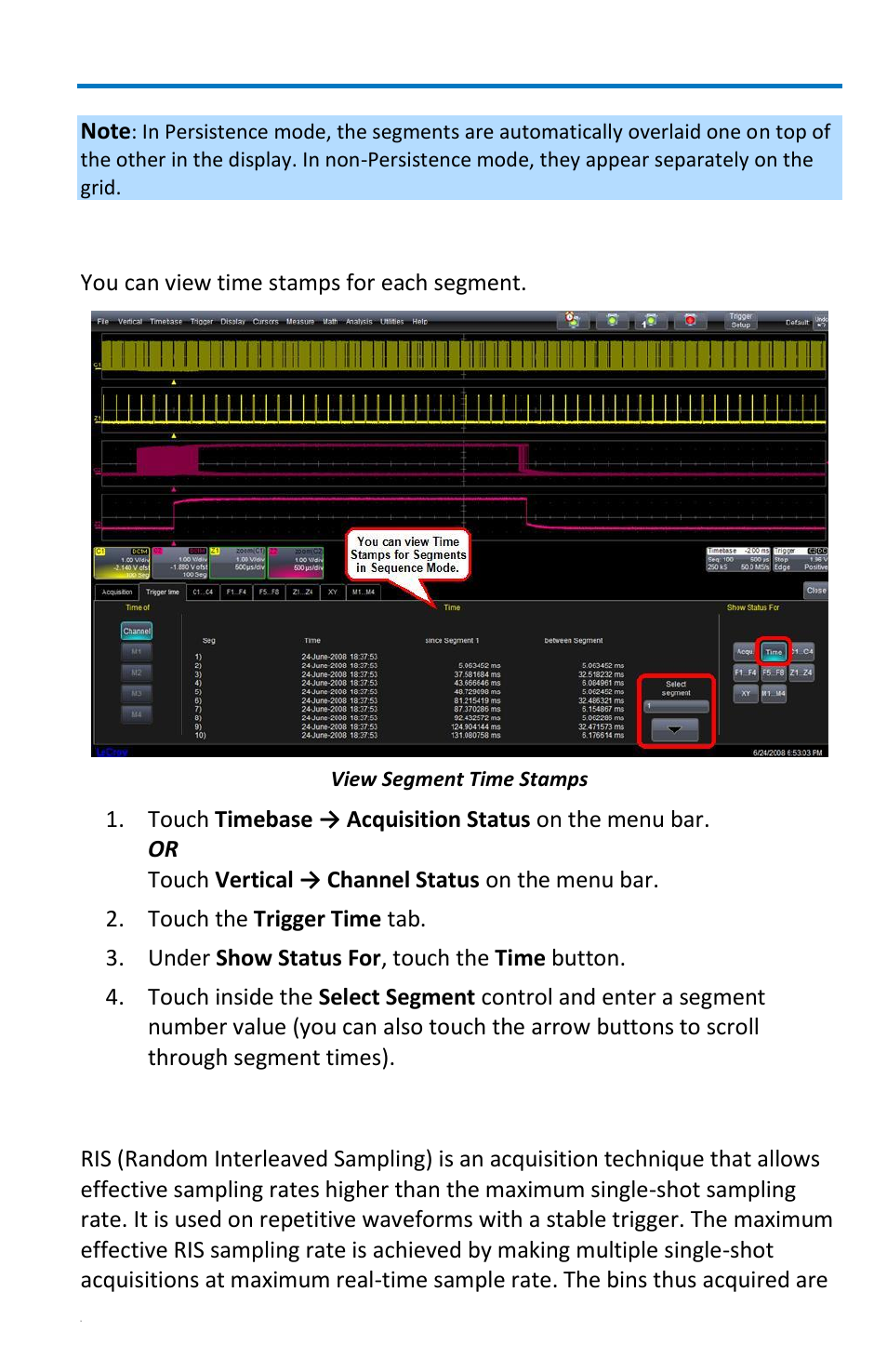 Ris sampling mode for higher sampling rates, Viewing time stamps | Teledyne LeCroy WaveRunner 6 Zi and 12-Bit HRO Getting Started Manual User Manual | Page 67 / 198