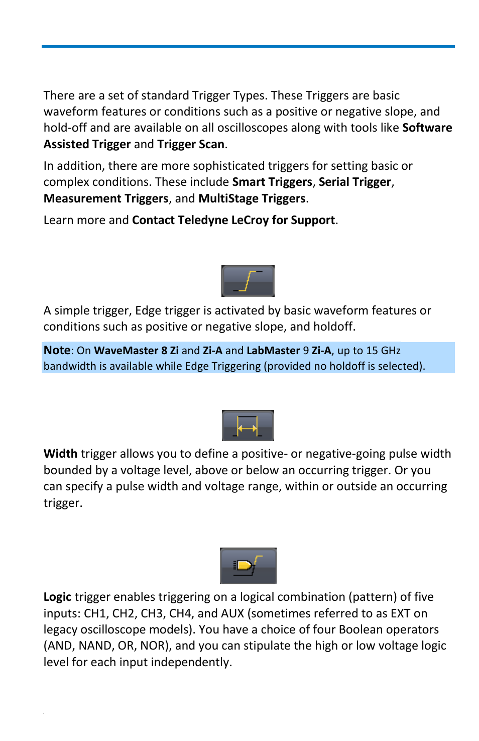 Trigger types, Edge, Width | Pattern (logic) | Teledyne LeCroy WaveRunner 6 Zi and 12-Bit HRO Getting Started Manual User Manual | Page 77 / 198