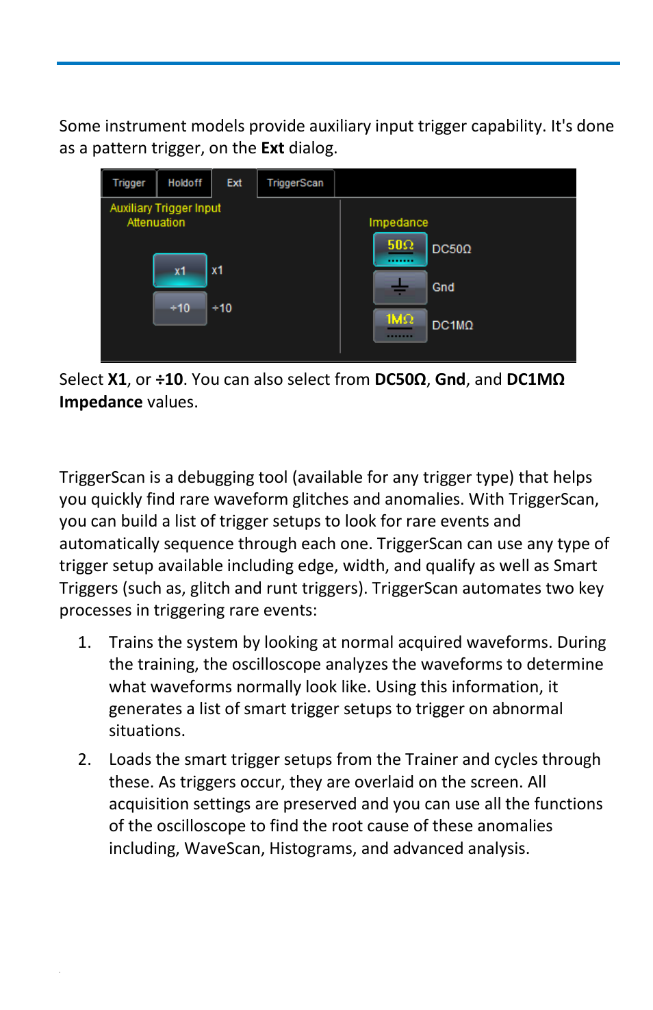 Triggerscan, Auxiliary input trigger | Teledyne LeCroy WaveRunner 6 Zi and 12-Bit HRO Getting Started Manual User Manual | Page 87 / 198