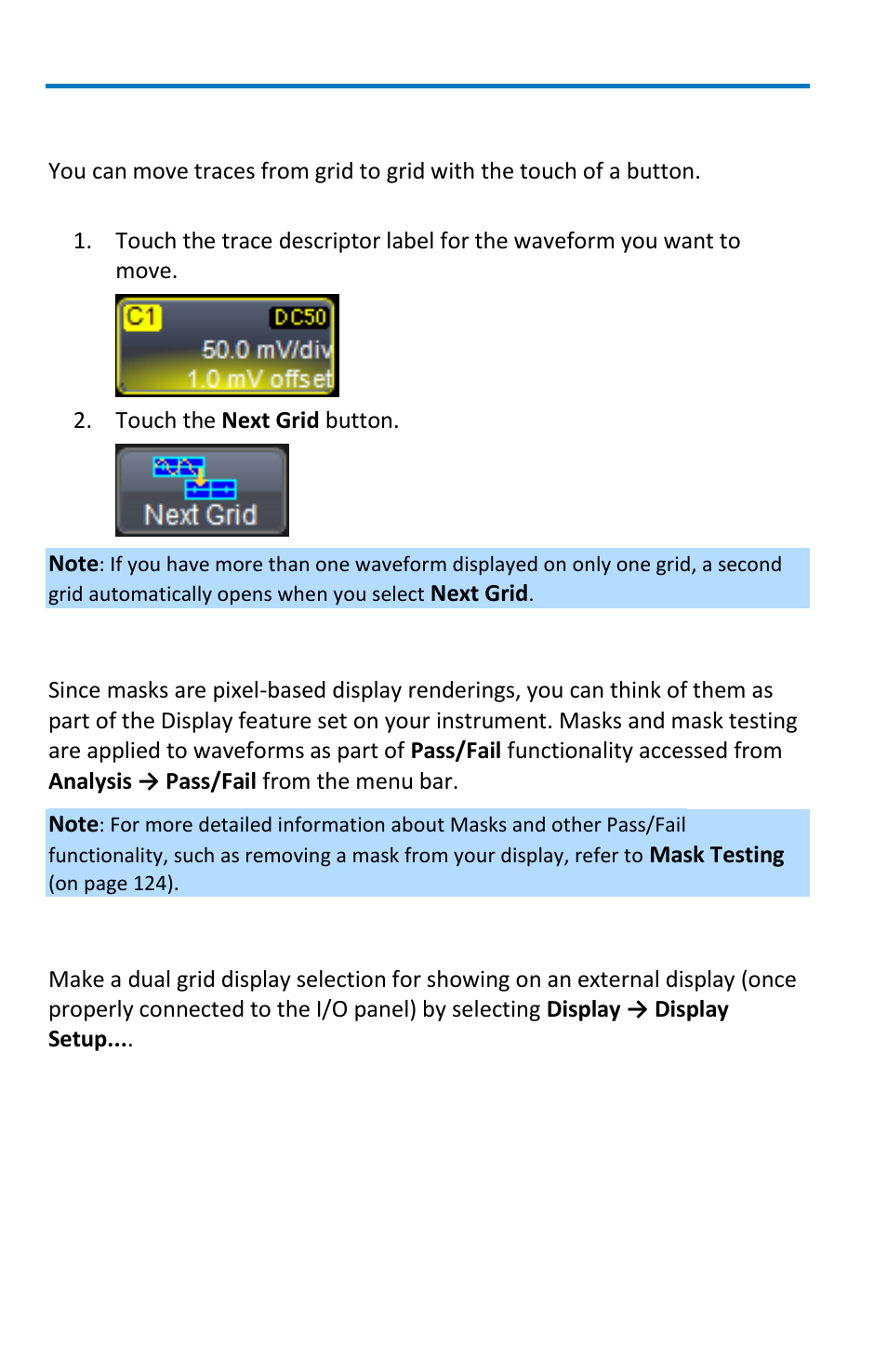 Moving traces from grid to grid, Displays containing masks, Dual display grid selection | Teledyne LeCroy WaveRunner 6 Zi and 12-Bit HRO Getting Started Manual User Manual | Page 94 / 198